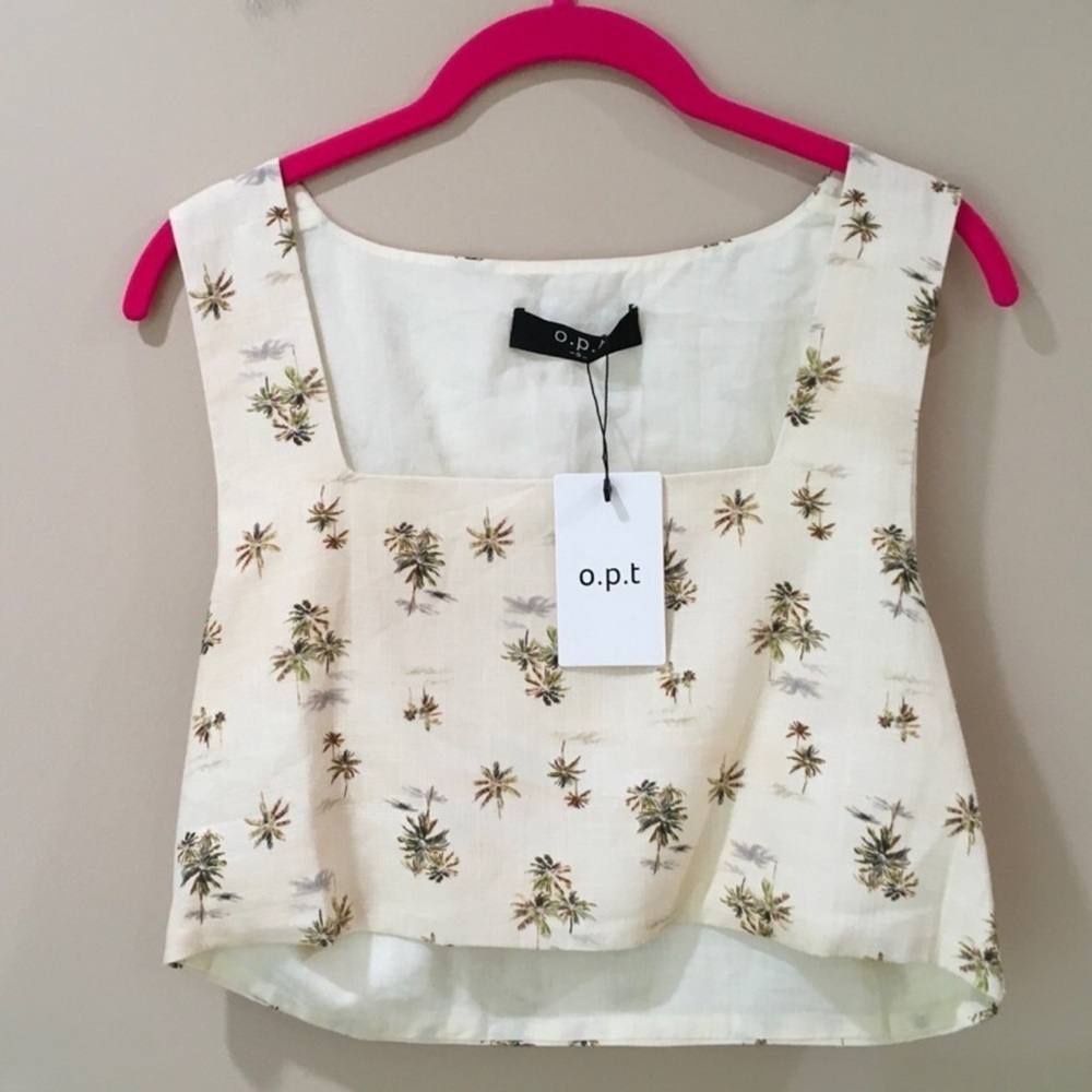 O.P.T Vienna Plam Tree Crop Tank Top Square Neck Ivory.